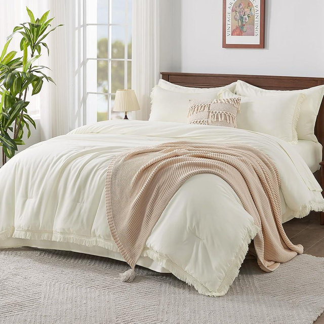 Andency Ivory Queen Size Comforter Set with Sheets - 7 Pieces Boho Tassel Bed in a Bag Soft Lightweight Bedding Sets, Ivory Fringe Bed Set with Comforter, Sheets, Pillowcases & Shams