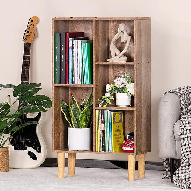 5 Cube Small Bookshelf,3 Tier Mid-Century Modern Bookcase with Legs,Wood Kids Bookshelves Storage Organizer Shelf,Free Standing Narrow Book Shelves,Oak Grey Corner Bookcases for Bedroom,Living Room