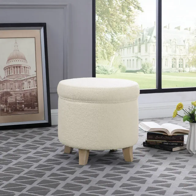 Cole Classics Round Storage Ottoman Flared Wood Leg Faux Sheepskin Cream - HomePop