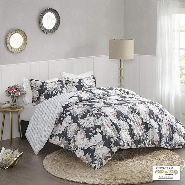 Madison Park 100% Cotton Duvet Set Beautiful Floral Design, All Season, Breathable Comforter Cover Bedding Set, Matching Shams, Full/Queen(90"x90"), Mavis Dark Blue 3 Piece