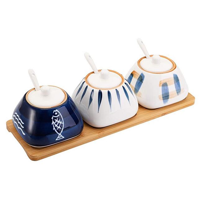 Cedilis 3 Pack Ceramic Spice Jar, 10oz Sugar Salt Container Set, Condiment Pots Set, Hand-Painted Seasoning Box with Porcelain Lids, Spoon and Bamboo Tray, Great for Kitchen Housewarming Gift