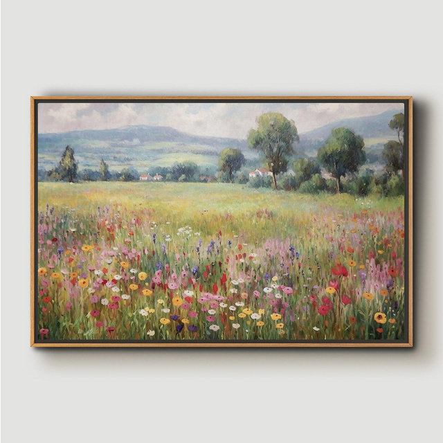 Wildflower Field Oil Painting Landscape Wall Art Print, Nature Framed Large Gallery Art, 36x24|24x16 Art Print (with hanging kit)