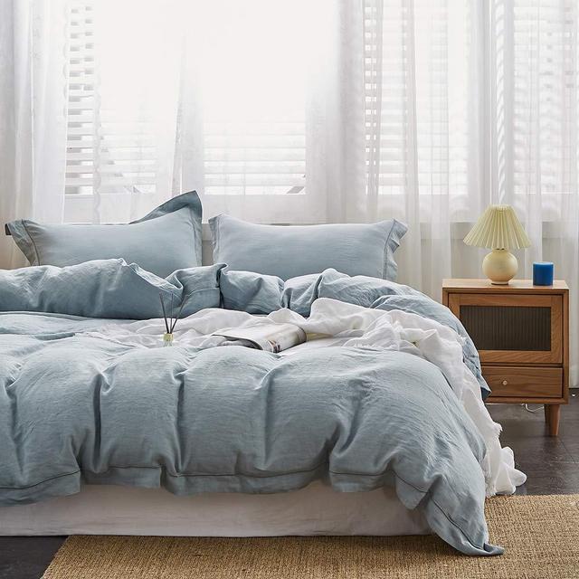 Simple&Opulence 100% Linen Duvet Cover Set with Embroidery Border Washed - 3 Pieces (1 Duvet Cover & 2 Pillow Shams) with Button Closure Soft Breathable Farmhouse - Dusty Blue, Queen Size