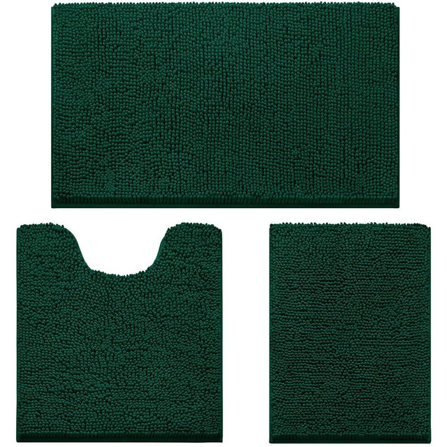 HOMEIDEAS 3 Pieces Bathroom Rugs, Ultra Soft Non Slip Absorbent Chenille Toilet Bath Mat Set (Dark Green)