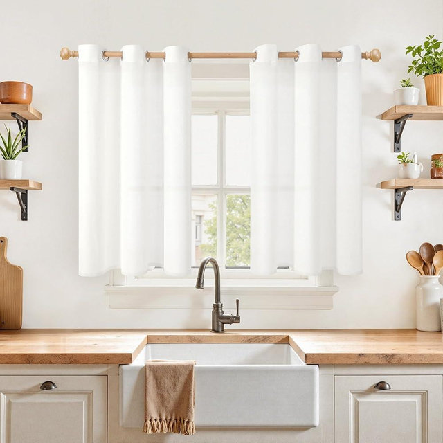 YoungsTex White Linen Curtains 40 Inches Length for Short Window, Light Filtering Drapes Semi Sheer with Grommet Lightweight for Bathroom Kitchen Window Over Sink, 2 Panels, 42 X 40 Inch