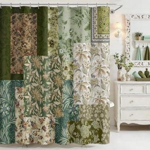 Mocsicka Vintage Boho Shower Curtain Green Retro Floral Shower Curtain for Boho Floral Bathroom Decor Waterproof Fabric Mid-Century Farmhouse Flowers Patchwork Bath Curtain, 72 X 72 Inch