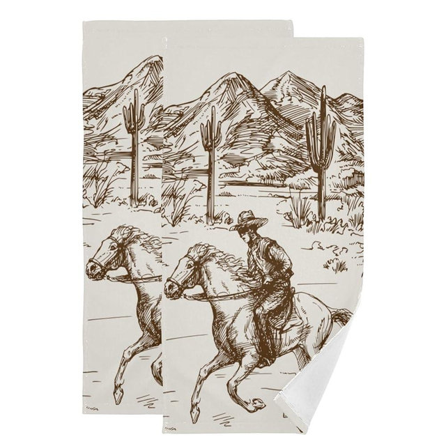 YOCIBIUT Western Cowboy Hand Towels for Bathroom Set of 2,Absorbent Microfiber American Cowboy Riding Horse Cactus Desert Kitchen Towels 14"x28",Decorative Farmhouse Bathroom Towels for Bath,Shower