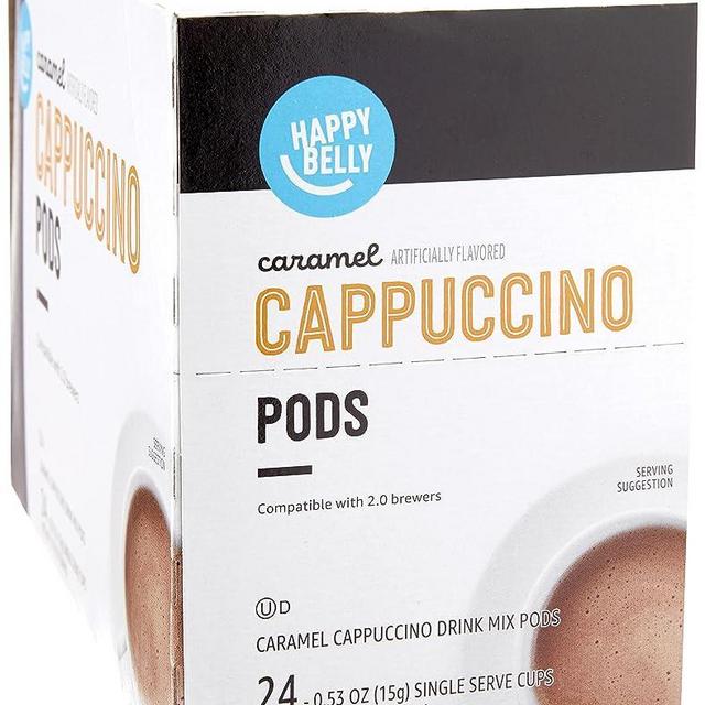 Amazon Brand - Happy Belly Cappuccino Coffee Pods Compatible with K-Cup Brewers, Caramel Flavored, 24 Count