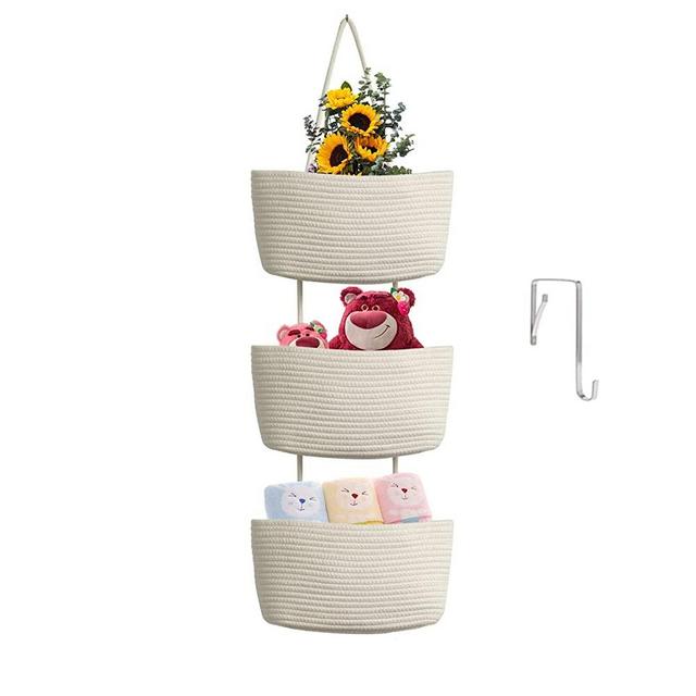 TeoKJ Over the Door Hanging Baskets, 3-Tier Woven Cotton Storage Organizer Bag with Hooks Wall-Mounted Decorative Hanging Kitchen Baskets - White
