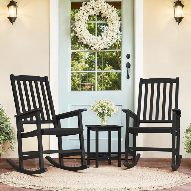 Cozyman Outdoor Rocking Chairs Set of 2, Rocking Chair Outdoor All Weather Wooden Rockers, Heavy Duty 350lbs, High Back Wide Seat Patio Chairs for Porch, Backyard, Garden, Black