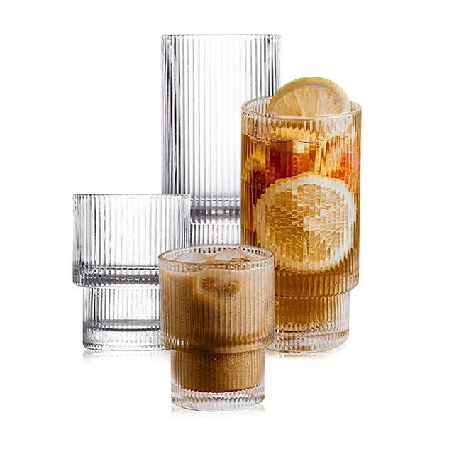 Drinking Glasses with Origami Style Set of 4pcs Glass Cups,2 Highball Glasses & 2 Rocks Glasses,Elegant Ripple Vintage Glassware,Iced Coffee Glasses,Ideal for Cocktail, Whiskey, Beer, Juice, Water