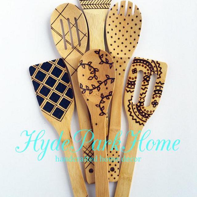 Wood burned kitchen utensils, bamboo wooden spoons