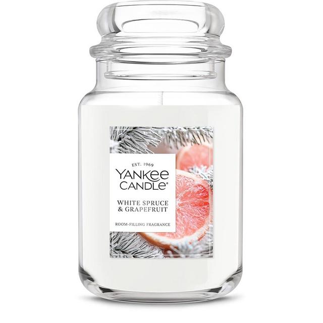 Yankee Candle Large Jar Scented Candle with up to 150 Hour Burn Time, Premium Plant Wax Blend for Consistent Burn, 22 oz Jar Candle with Room Filling Fragrance, White Spruce & Grapefruit