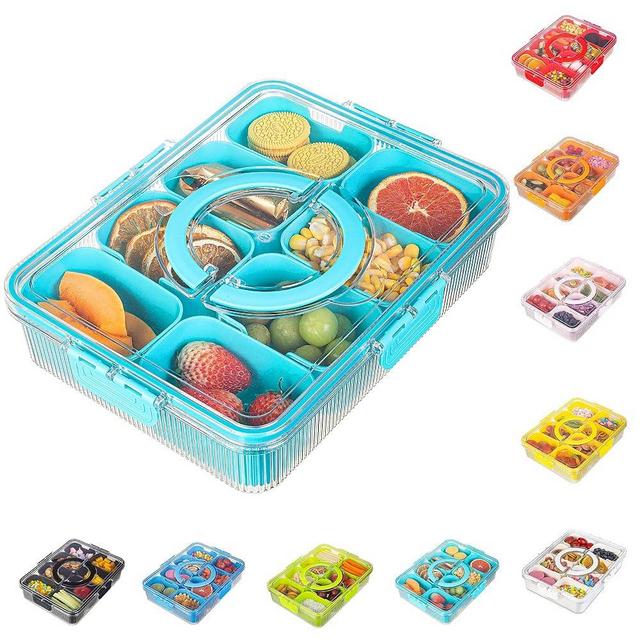 FEIOOD Patent Design Ribbed Snackle Box Container Divided Serving Tray with Lid and Handle -Charcuterie Container Portable Storage Organizer for Candy, Fruit, Beach, Picnics（1 pcs, Lake blue）