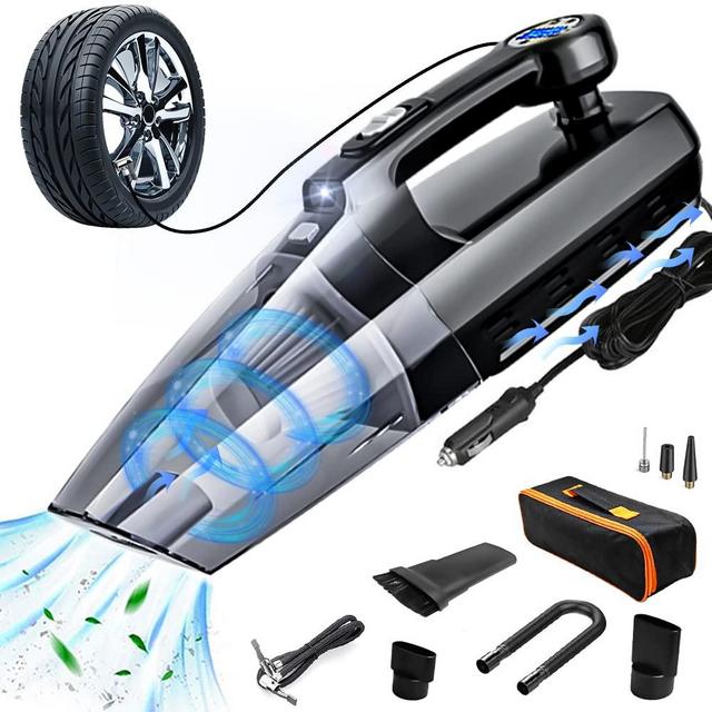 Car Vacuum Cleaner Tire Inflator,4-in-1 Portable Vacuum Cleaner for Car - with LCD Display and LED Light 12V DC Wet/Dry Wet/Dry Handheld Cleaner (Digital Display)