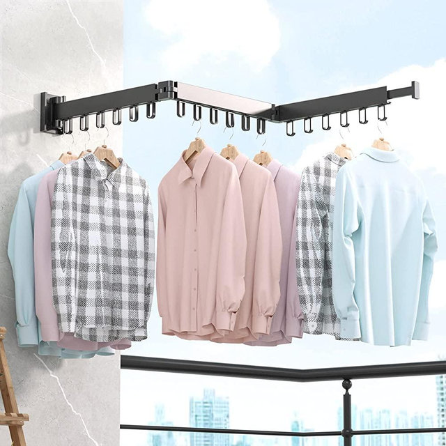 BOQORAD Clothes Drying Rack,Wall Mounted Space-Saver,Retractable ,Collapsible, Strong Load-Bearing,for Balcony,Laundry,Wardrobe,Kitchen,Parlour,Bathroom,Bedroom（Windproof Ring, Three Pole）