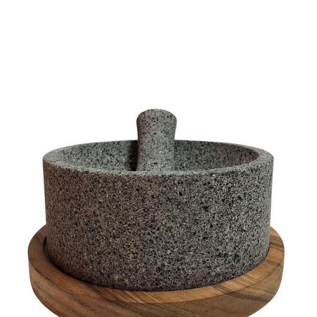 Basalt Volcanic Stone Molcajete Piedra Volcanica with Parota wood base and Mortar