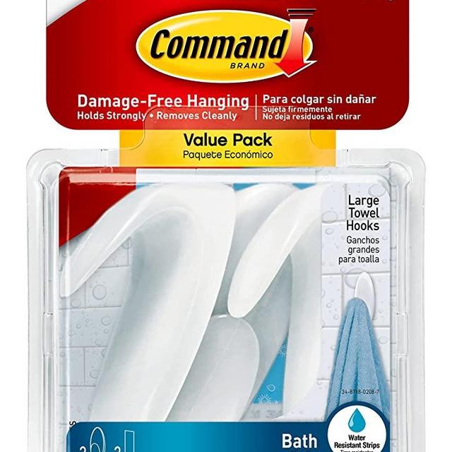 Command Bath Large Towel Hook Value Pack, Clear Frosted, 3-Large Hooks, 3-Water-Resistant Strips, Organize Damage-Free