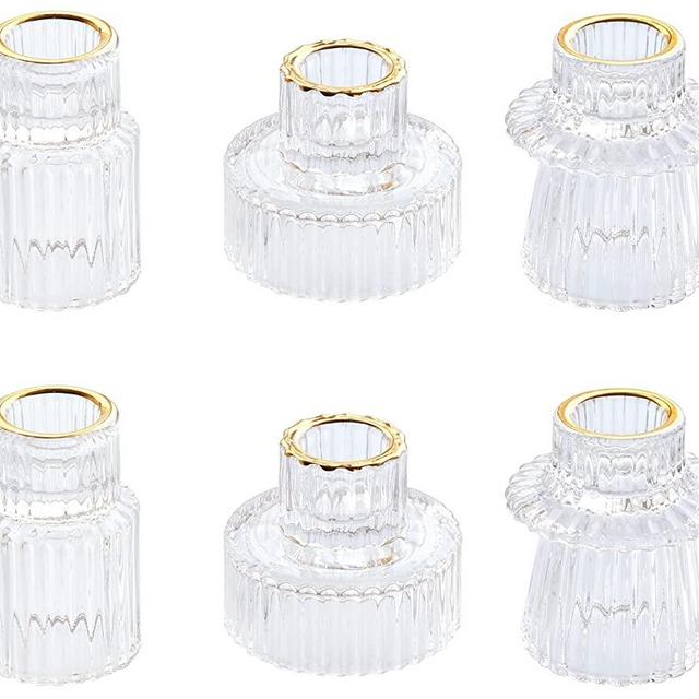 Vixdonos Taper Glass Candlestick Holders Tealight Candle Holders for Table Centerpieces, Wedding Decor and Dinner Party (6 Pcs, Gold Rim Clear)