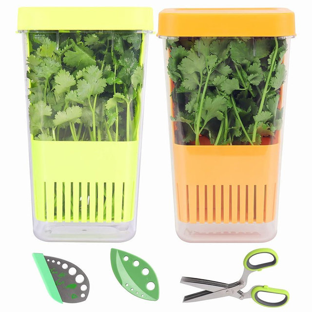 Herb Keeper Set: 2 Pack Herb Saver+1 Pack Herb Scissors+2 Pack Herb Stripper, Refrigerator Organizer, Herb Container for Cilantro, Mint & Asparagus, Keeps Fresh Herbs for 3 Times Longer Green&Orange