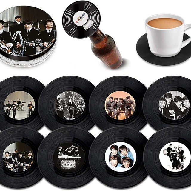 Retro Musique Set of 8 The Beatles Vinyl Coasters With Magnetic Bottle Opener | Lovely Music Coasters Bar Gifts For Men & Women | Fantastic Music Lover Gifts Housed In a Metal Tin