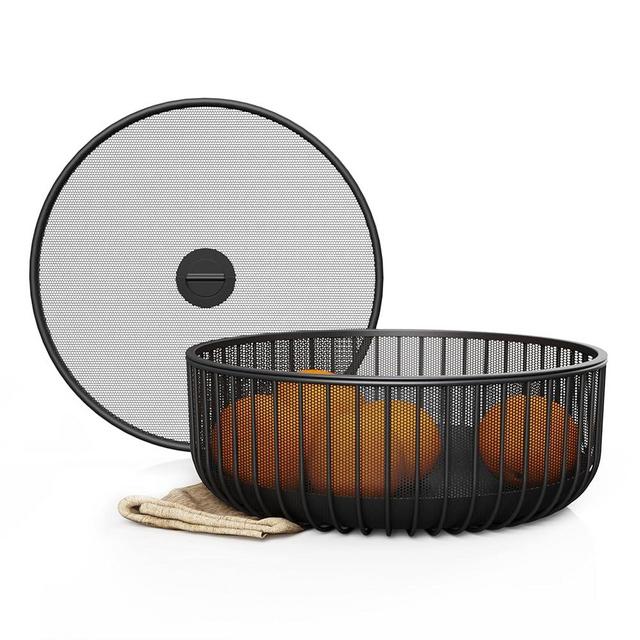 Libken Metal Fruit Bowl with Mesh Lid & Basket - Fruit and Vegetable Holder For Kitchen Counter - Countertop Display Baskets Organizer - Bowl Storage for Veggie, Fruits, Snack, and Banana - Black