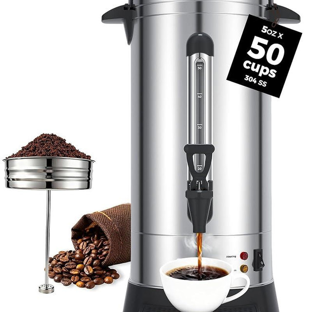 OSTBA 950W Commercial Coffee Urn 50 Cup / 8.3L 304 Stainless Steel Percolator Coffee Pot, Double-Wall Hot Water Dispenser Electric Coffee Maker Fast Brewing for Home, Office, Catering & Small Events