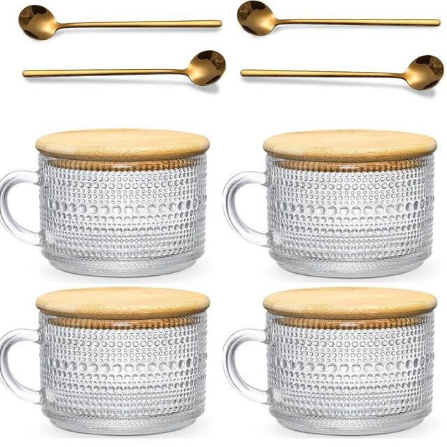 ADPON Vintage Coffee Mugs, Overnight Oats Containers with Bamboo Lids and Spoons - 14oz Clear Embossed Glass Cups, Bar Accessories, Iced Coffee Glasses, Ideal for Cappuccino Latte (4 Pack Hobnail)