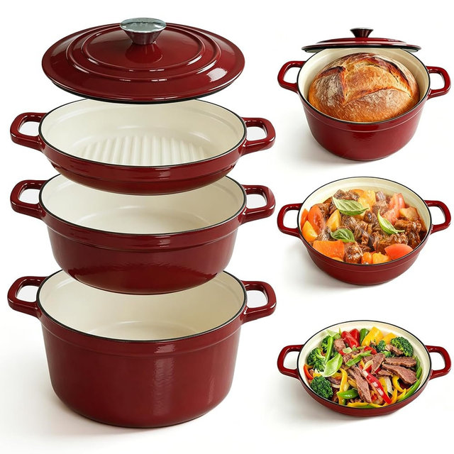 Enameled Cast Iron Dutch Oven Set - 4 Piece 1.3Qt, 2.6Qt and 4.8Qt Dutch Oven with Lids, Cast Iron Dutch Oven for Sourdough Bread Baking, Non Stick Cast Iron Pots and Pans Sets, Space-Saving Cookware Set for Cooking, Stews, Braising, Roasting, Classic Red
