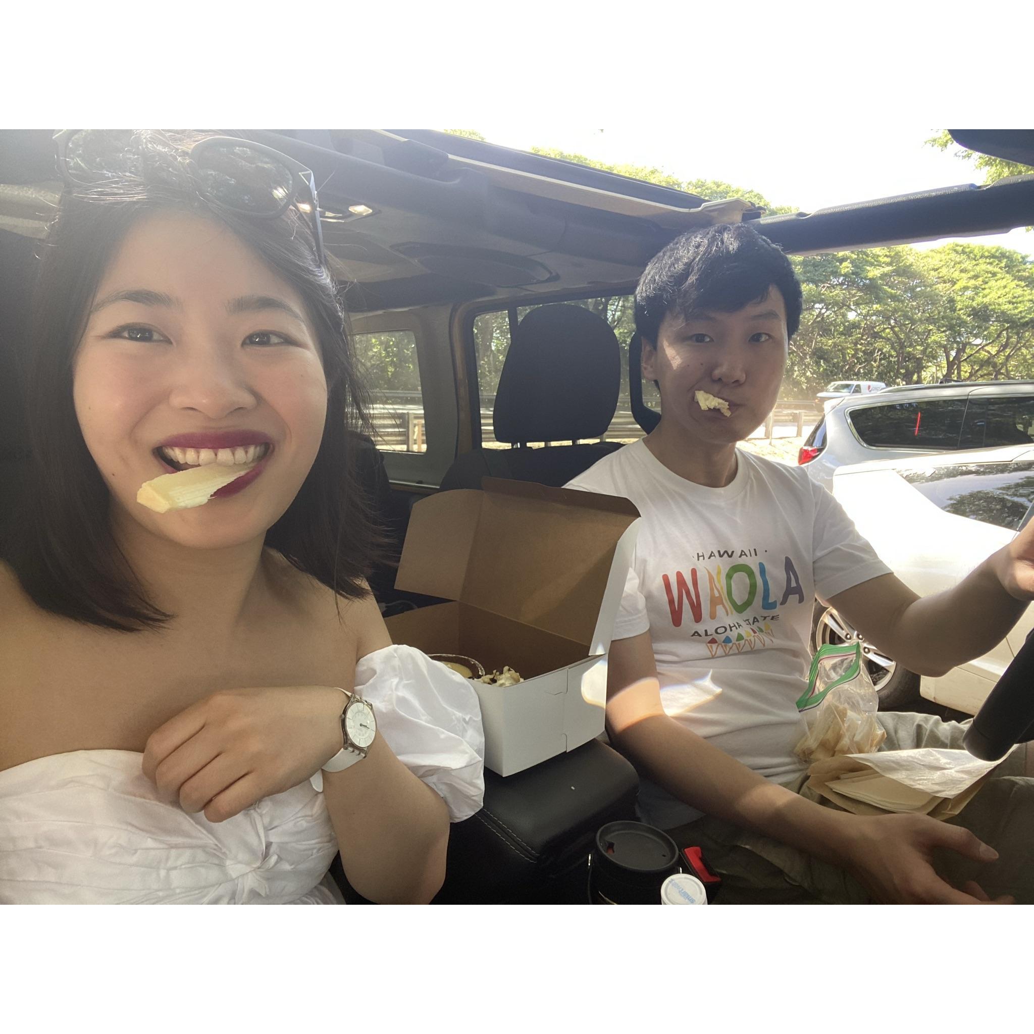 Thankfully 3rd-year clerkships came to an end. And we zipped up to Hawaii (after getting COVID tested). Here's us enjoying some sugar cane