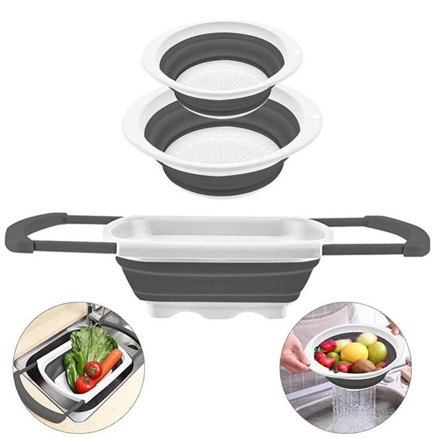 QiMH Collapsible Colander Set of 3-1pc 6 Quart Over the Sink Silicone Strainer - 1pc 4 Quart and 1pc 2 Quart Folding Strainers - Dishwasher Safe(grey&white)