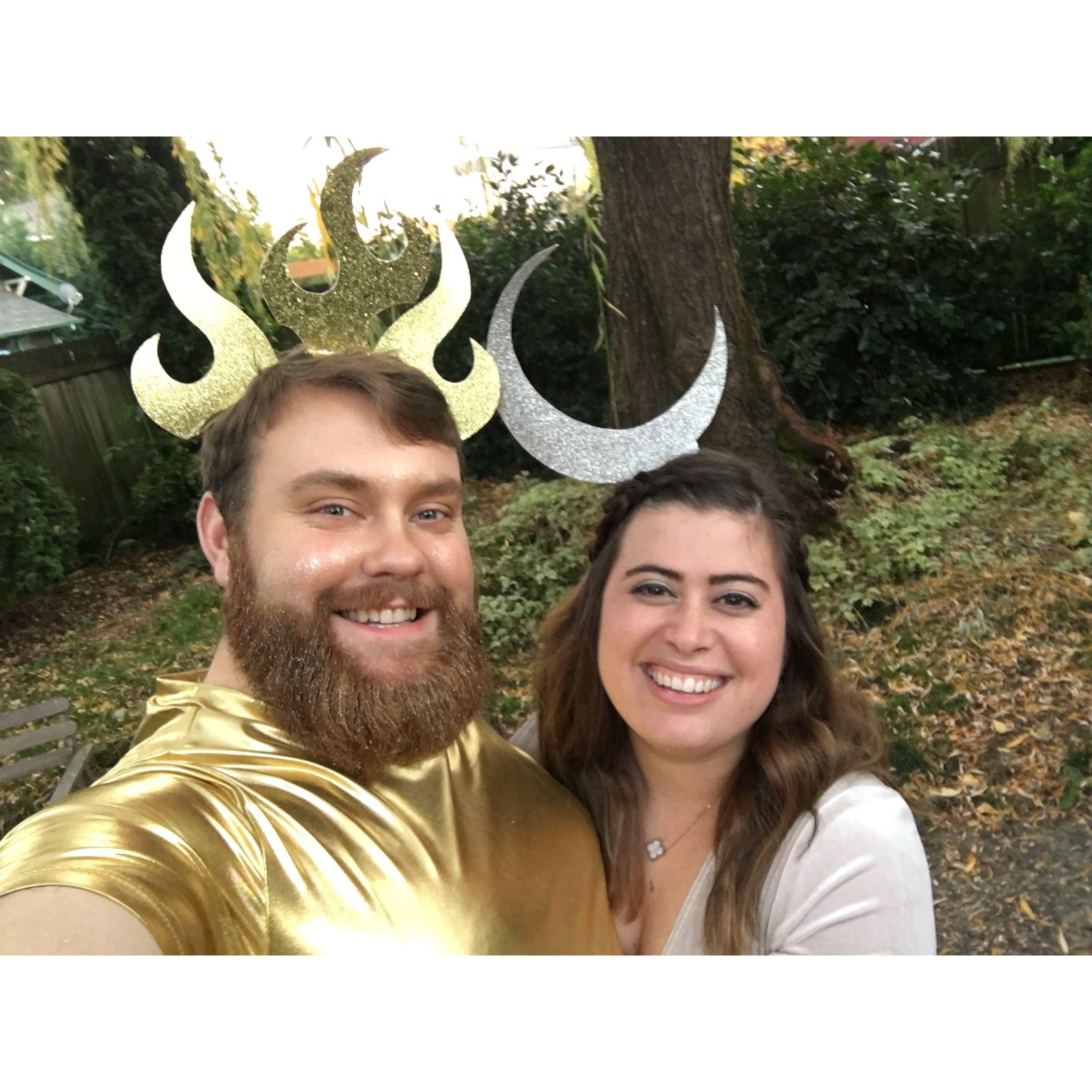 One of our first couples Halloween costumes, the Sun and the Moon