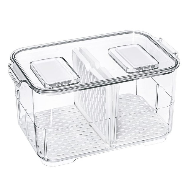 Slideep 11'' Large Food Storage Containers, Fridge Produce Saver 2 Tier Stackable Refrigerator Organizer with Lids and Removable Drain Tray Drawers Bins Baskets for Kitchen