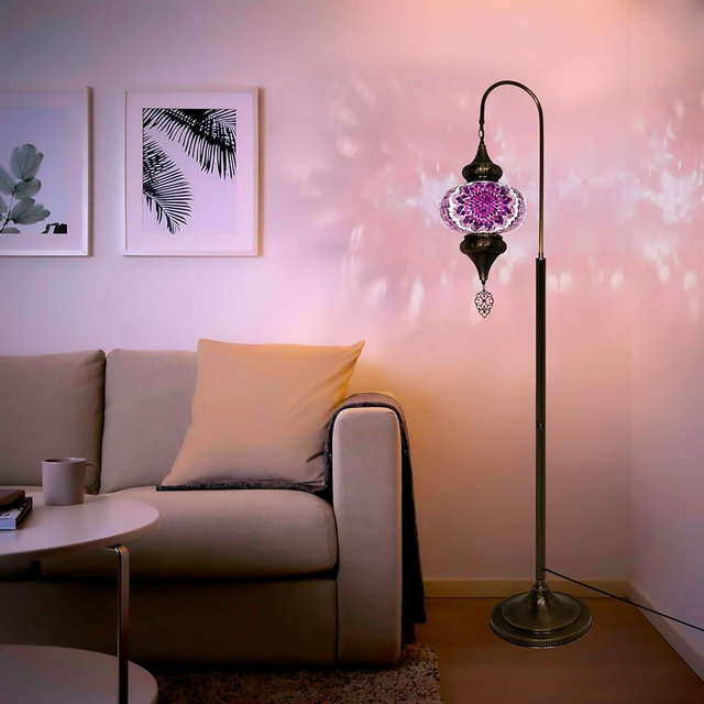 Enchanting Turkish Mosaic Floor Lamp - Moroccan Swan Neck Design, Stunning Colorful Floor Lamp for Living Room, Exquisite Turkish and Moroccan Lamp Collection (Purple Flower)