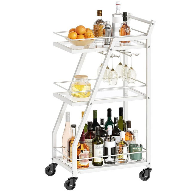 YATINEY Bar Cart for The Home, Small Bar Cart on Wheels, Home Bar Serving Cart with Glass Holder, for Kitchen, Transparent and White BC03WT