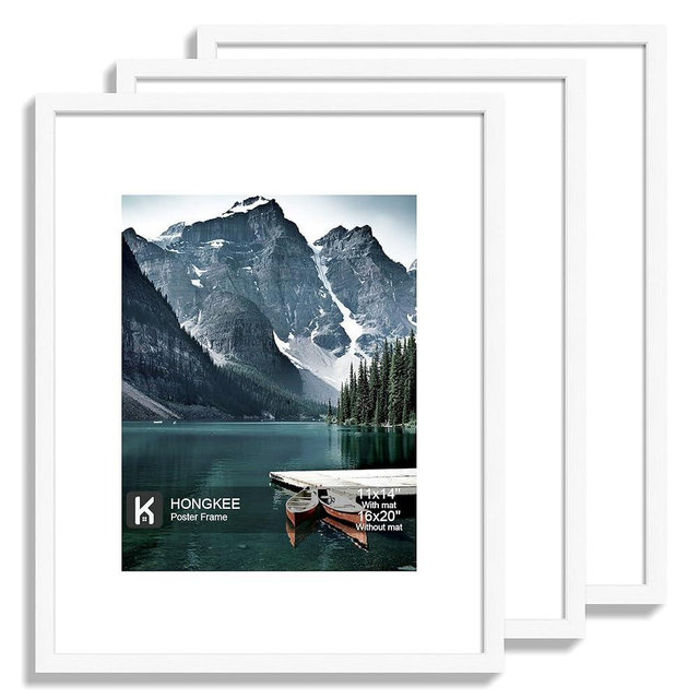 Hongkee 16x20 Frames Set of 3 - Display 11x14 Photo with Mat or 16 x 20 Poster without Mat, Wall Mounting Horizontal and Vertical, White