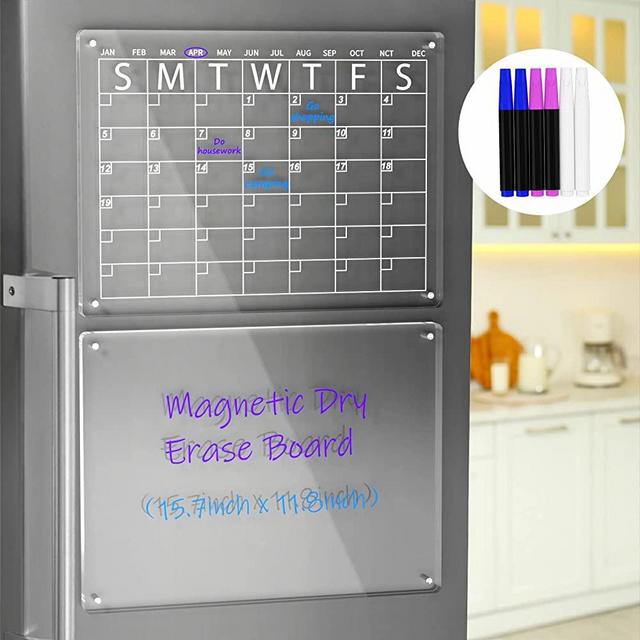 AITEE Acrylic Magnetic Dry Erase Board and Calendar for Fridge, Clear Set of 2 Dry Erase Board Calendar for Refrigerator Reusable Planner, Includes 6 Dry Erase Markers with 3 Colors(16"x12"Inches)