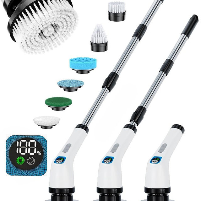 Electric Spin Scrubber with Long Handle | Shower Cleaner Brush for Bathroom | Dual-Speed Cordless Power Scrubber with 7 Brush Heads | IPX7 Waterproof Scrub Brush for Bathtub Tile Grout Glass Pool