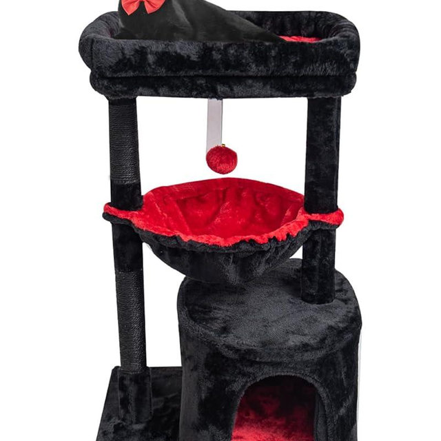 SYANDLVY Gothic Cat Tree with Coffin Bed for Indoor Cats, Small Cat Tower with Scratching Post, Modern Activity House Condo with Cradle, Kittens Cave, Black & Red