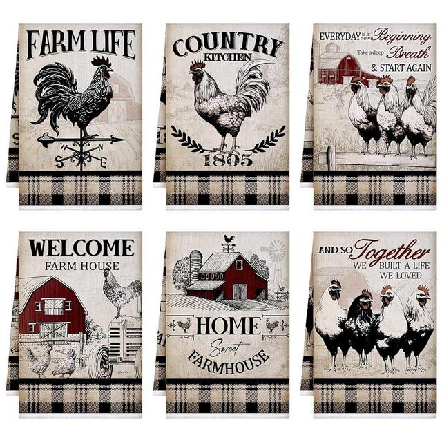 Bencailor 6 Pcs Rooster Kitchen Towels Farmhouse Vintage Dish Towels Farm Hand Towels 16 x 24 Inch Tea Towels for Cooking Baking Housewarming(Gray, Barn Farm)