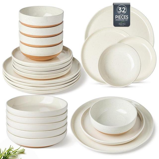 AmorArc 32 Pieces Ceramic Dinnerware Sets for 8, Handpainted Plates and Bowls Set with Rustic Terracotta Underside, Scratch Resistant Stoneware Dishes Set, Dishwasher & Microwave Safe, Light Beige