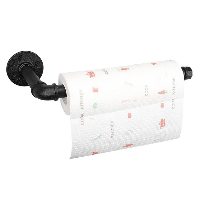 Jeasor Industrial Iron Pipe Kitchen Paper Towel Holder, Vintage Farmhouse Heavy Duty DIY Industrial Rustic Wall Mount Paper Towel Rack for Kitchen Bathroom (1, Black)