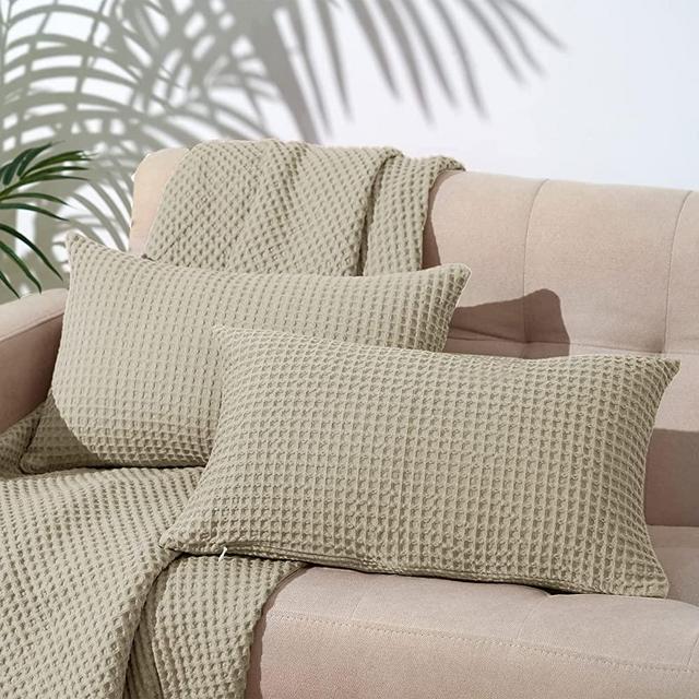 PHF 100% Cotton Waffle Weave Lumbar Pillow Cover 12" x 20", 2 Pack Elegant Home Decorative Rectangle Throw Pillow Covers for Bed Couch Sofa, Khaki