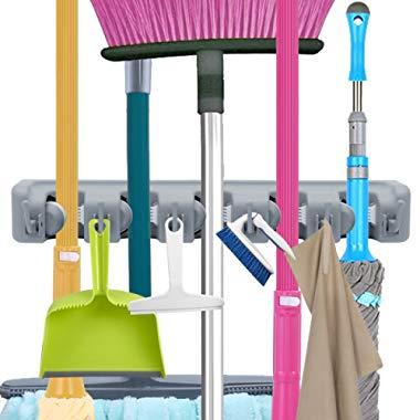 Mop Broom Holder, Garden Tools Wall Mounted Commercial Organizer Saving Space Storage Rack for Kitchen Garden and Garage,Laundry Offices(5 Position with 6 Hooks)