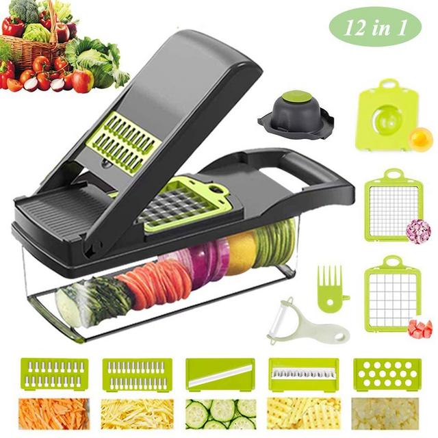 Mandoline Slicer Cutter Vegetable Chopper And Grater, Adjustable Chopper Vegetable Cutter Onion Potato Chip French Fry Julienne Slicer 12 in 1 (Dark Gray)