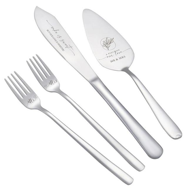 AW BRIDAL 4Pcs Wedding Cake Knife and Server set with Forks, Stainless Steel Engraved Cake Cutting and Pie Server Gifts for Bridal Shower Engagement, Silver