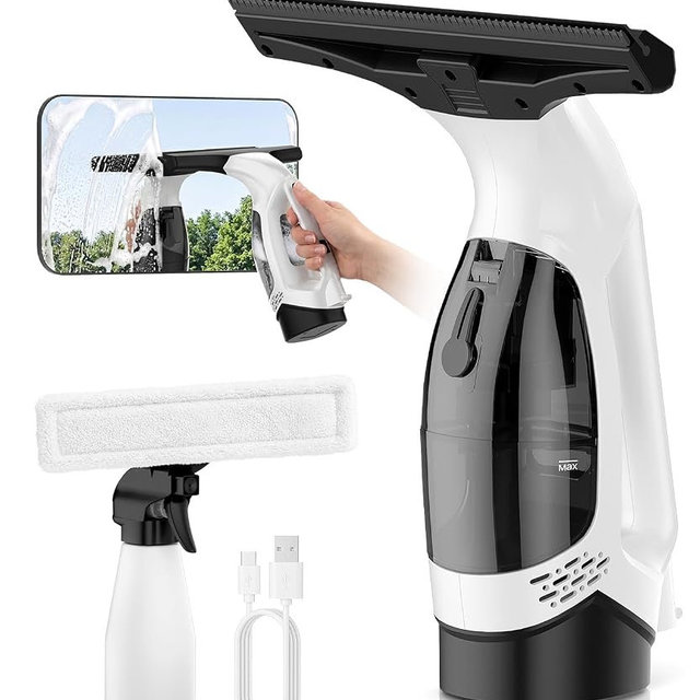 BIGITTA Window Vacuum Squeegee Cordless, 3-in-1 Electric Window Cleaner Tool with Spray & Microfiber Pad, Streak-Free 2200Pa Suction for Glass, Shower Doors, Mirrors, Tiles and Car Windows