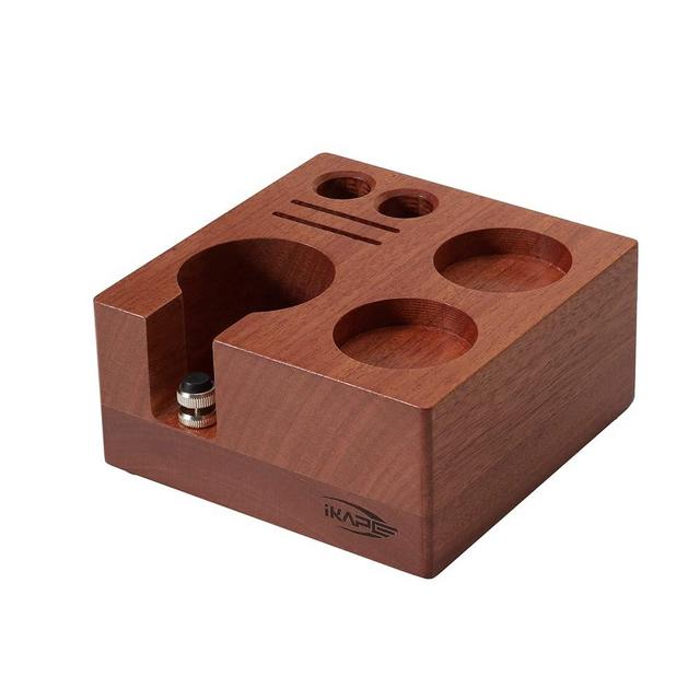 IKAPE Espresso Tamper Holder, Wooden Coffee Tamper Station Base, Natural Walnut Espresso Tamp Mat Stand Fit for 51 to 54mm Espresso Accessories - Can Adjustable Portafilters Stand Height (7 IN One)