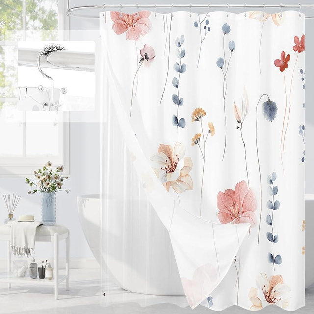 Gibelle 3 in 1 Shower Curtain Set, Coral Watercolor Floral Bath Curtain and PEVA Liner Set with 12 Double Sided Steel Hooks, Waterproof Fabric Bathroom Curtain 72x72