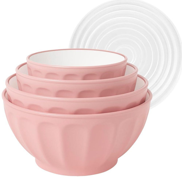 BoxedHome Mixing Bowls with Lids Set, 4PK Large 0.2” Thick Plastic Nesting Mixing Bowl, Microwave Safe,Size 1.37,2.32,3.8 and 5.07qt, Pink